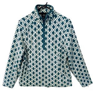 Lands End Womens Fleece Pullover Size L Blue White Diamond 1/4 Zip Long Sleeve